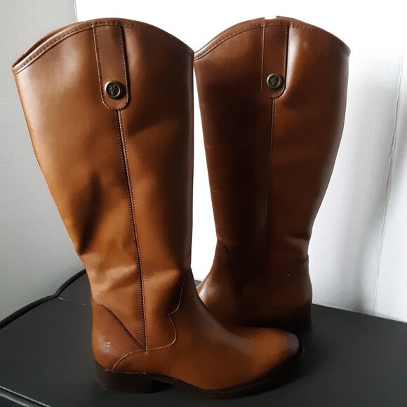 Frye Marissa Medallion Women's Cognac Leather Tall Riding Low Heel Boots size 7M - Picture 1 of 10